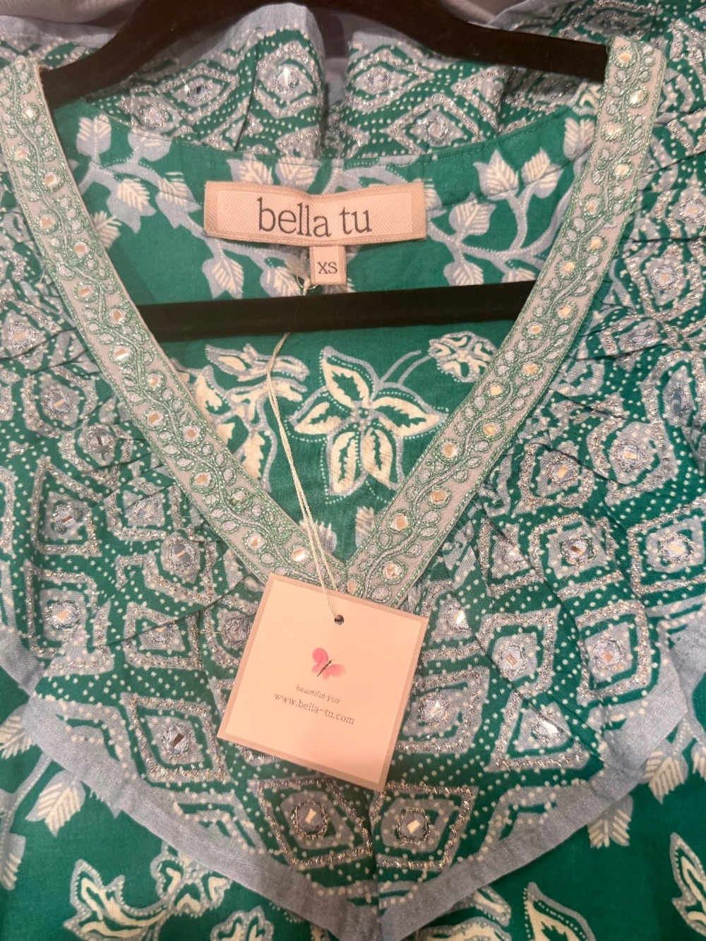 NWT Bella Tu Embroidered Maxi Dress XS Turquoise Boho Resort Cotton